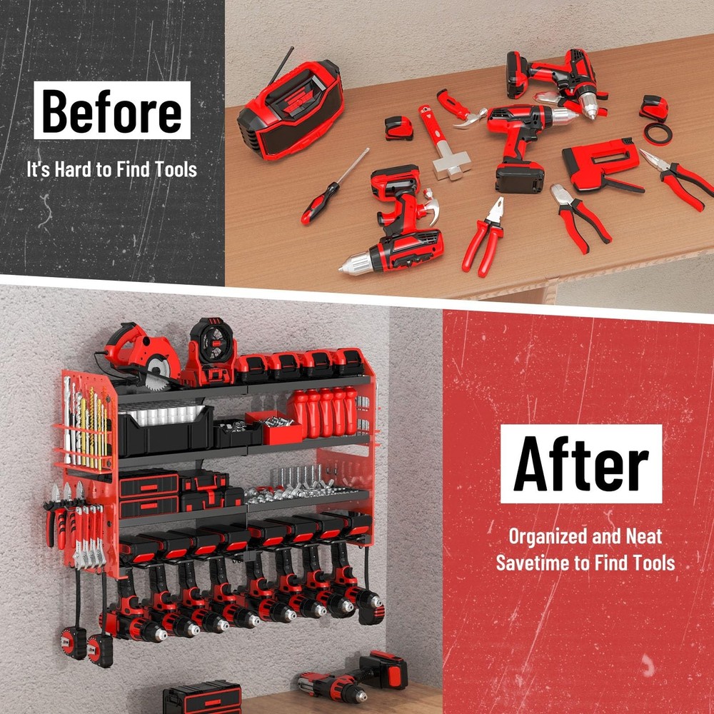 Large Power Tool Organizer Wall Mount with Charging Station, 4 Layer Heavy Du...