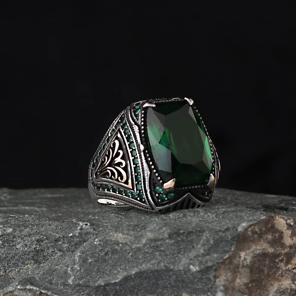 Emerald Stone Men Silver Ring, 925 Sterling Silver Emerald Gemstone Ring,
