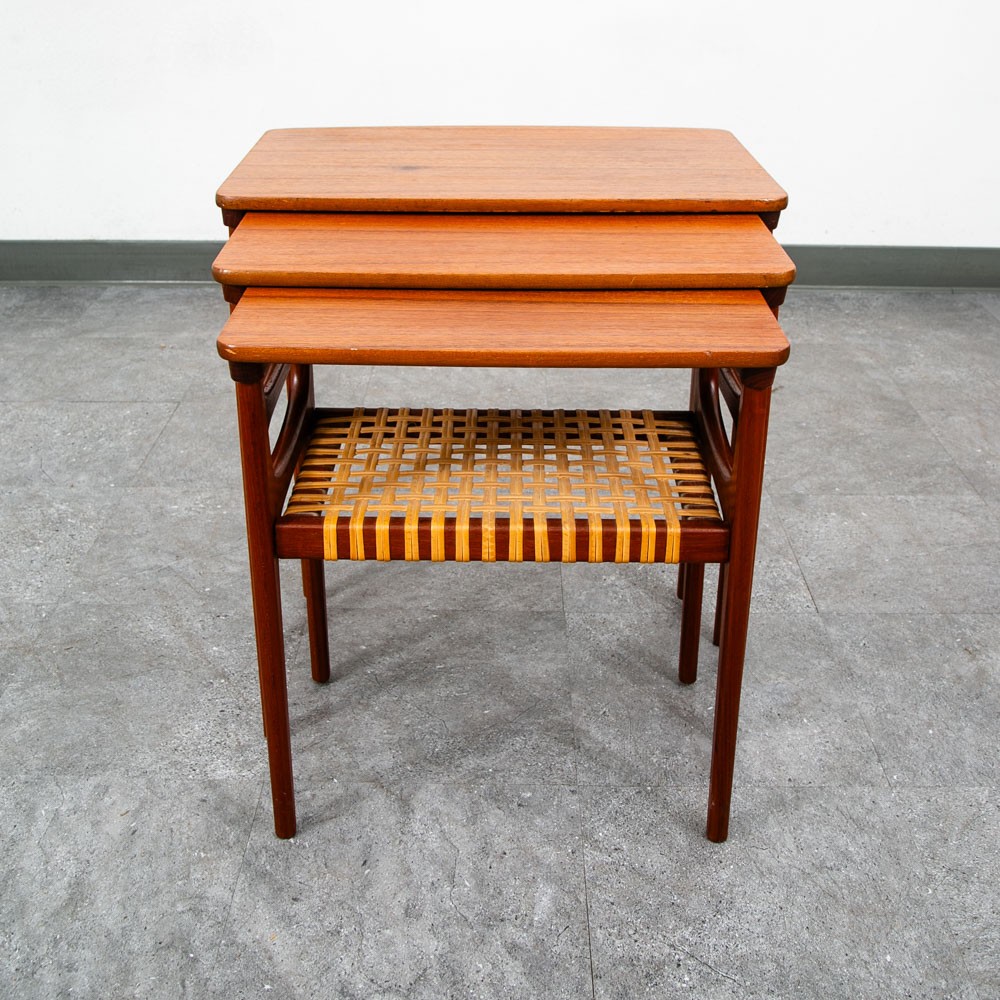 Mid Century Danish Modern Nesting Tables Solid Teak Set 3 Denmark Cane Vintage