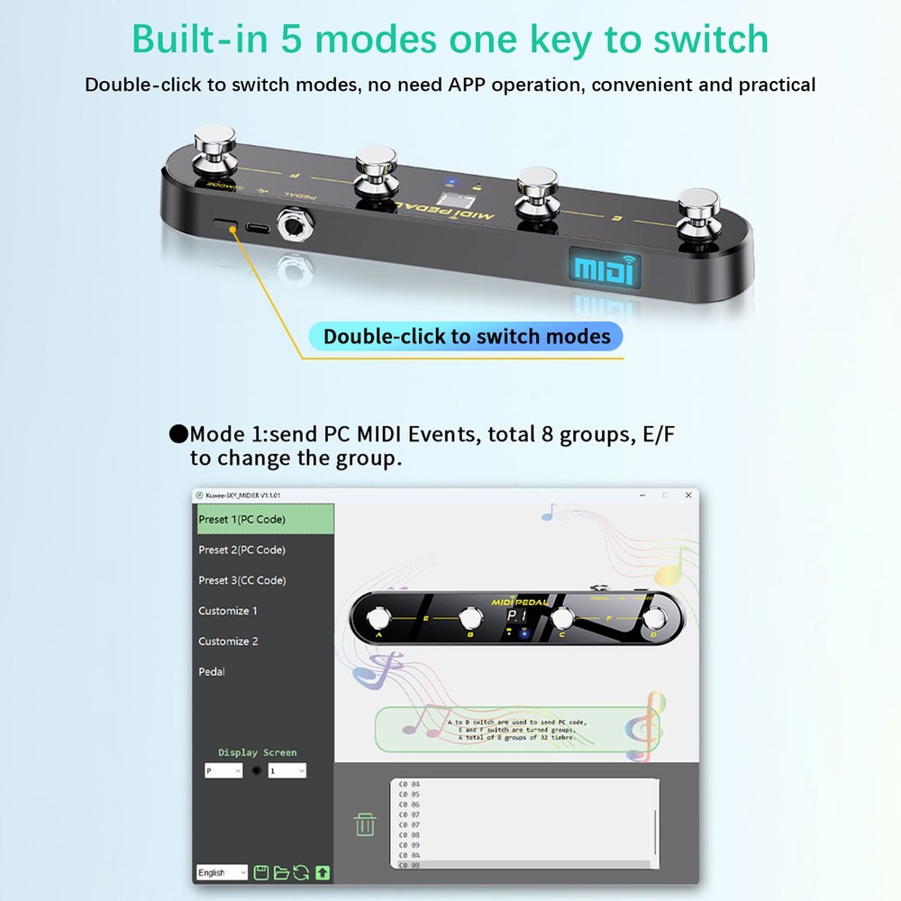 Wireless MIDI Controller Pedal 5 Modes Digital Display 25Hrs USB VCLF