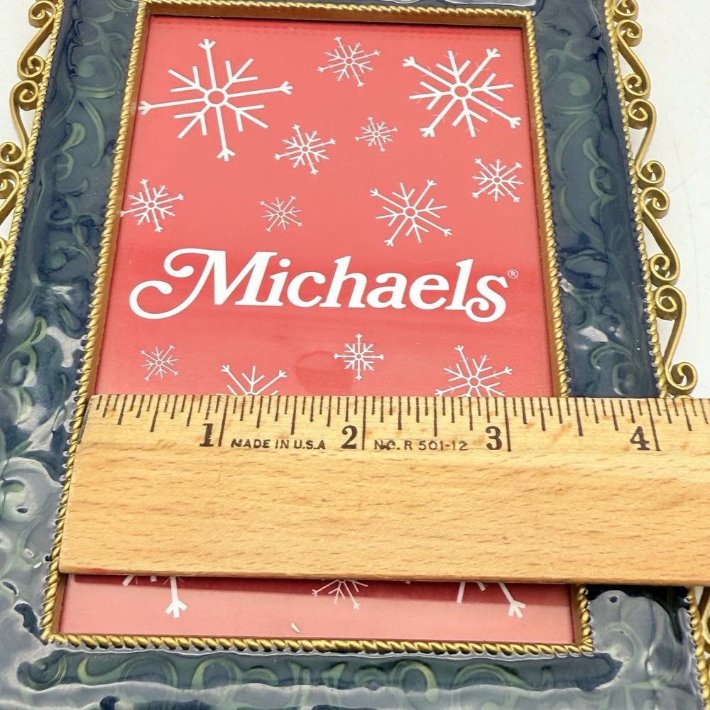 Blue Enameld & Gold Ornate Picture Frame 3 1/2” X 5”