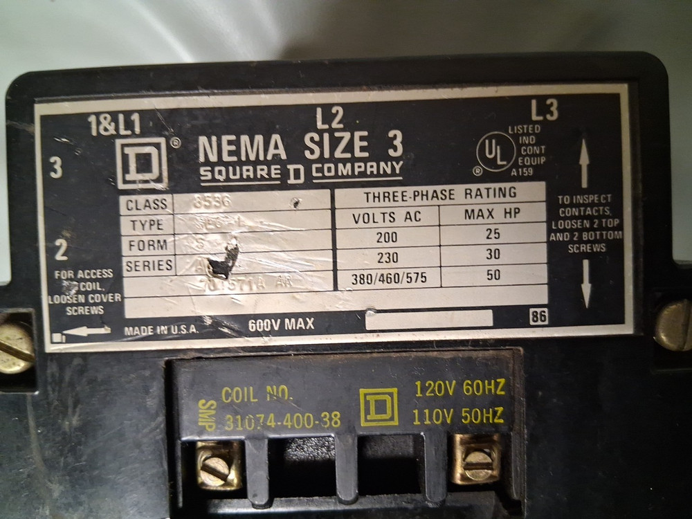 Square D 8536-SEO1 NEMA Size 3 3-pole Motor Coil Starter