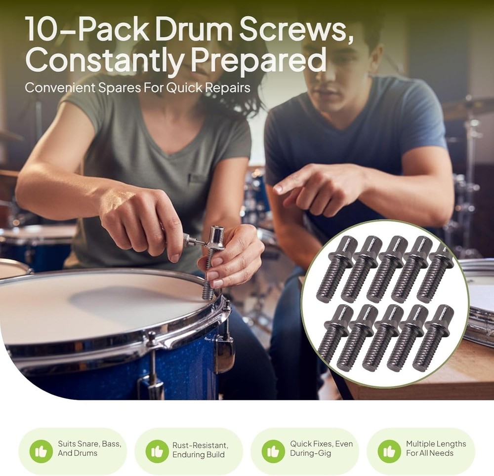 10x Drum Tension Rods M6x15 Deep Thread Replacement Bass Drum Hardware Set