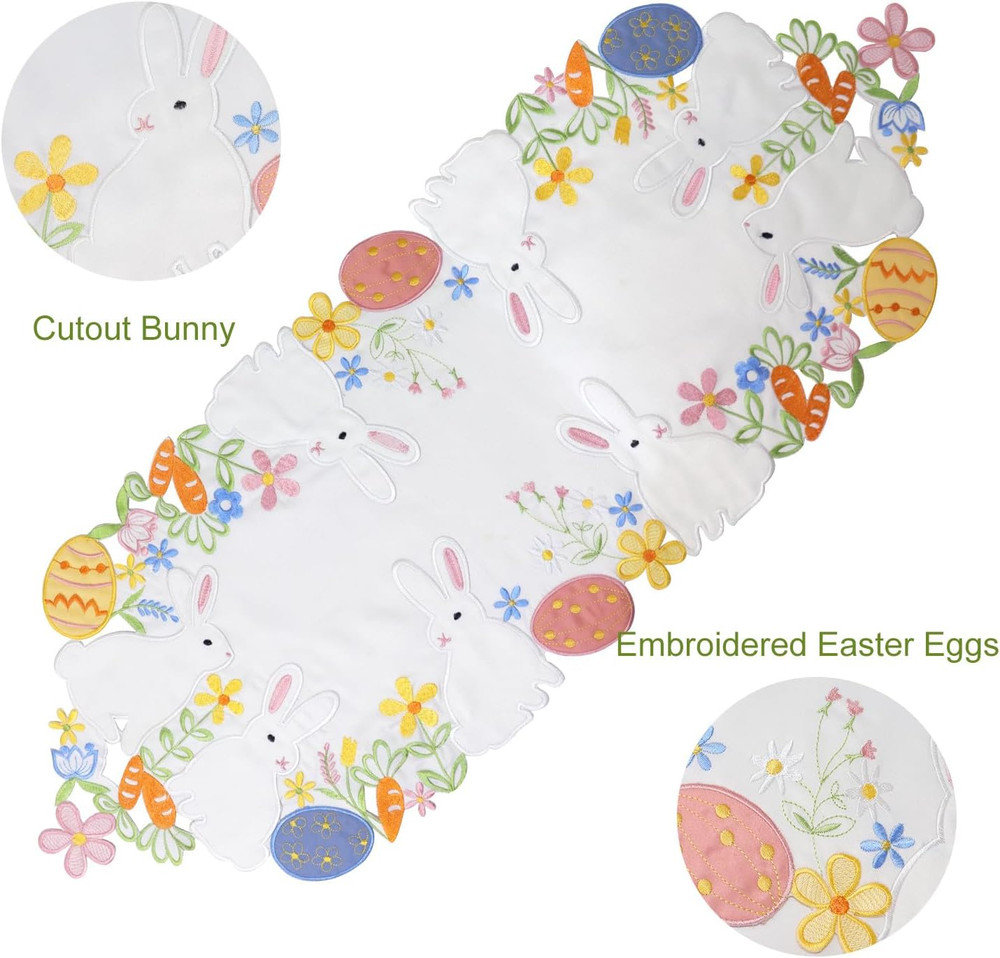 Easter Table Runner Embroidered Bunny Easter Eggs 72 Inches Long Cutout White Ra