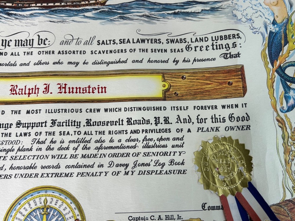 1968 USCG Atlantic Fleet Range Support Facility Plank Owner Certificate