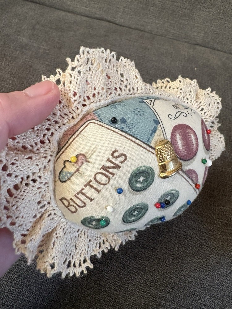 Vintage Pin Cushion; includes Pins, Button Themed With Lace Has A Button Thimble
