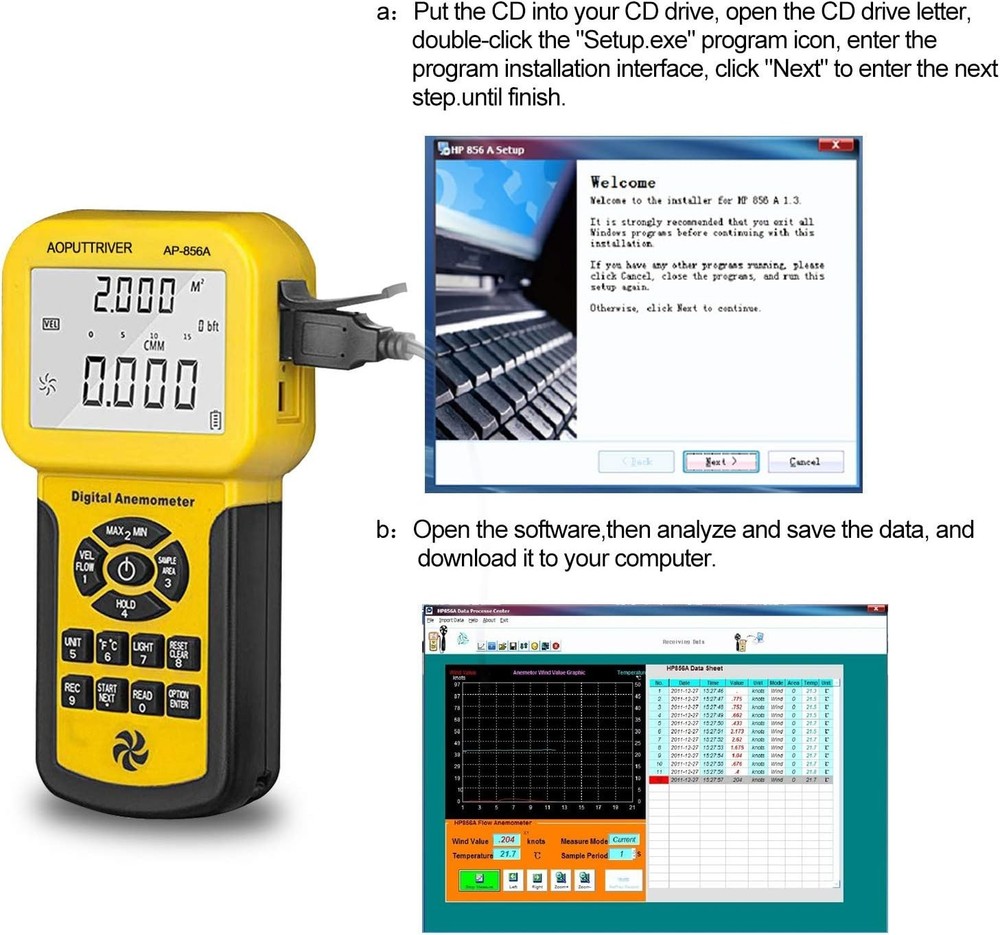 High Precision HVAC Anemometer - Handheld Wind Speed Meter with USB Connectivity