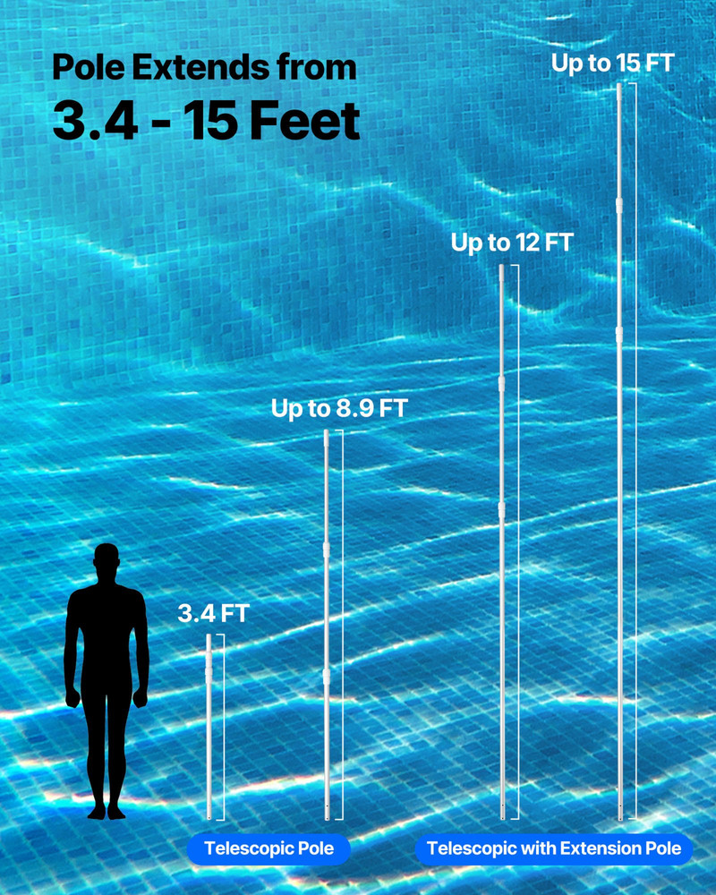 3.4-15 ft Telescoping Pool Pole Adjustable Cleaning Handle