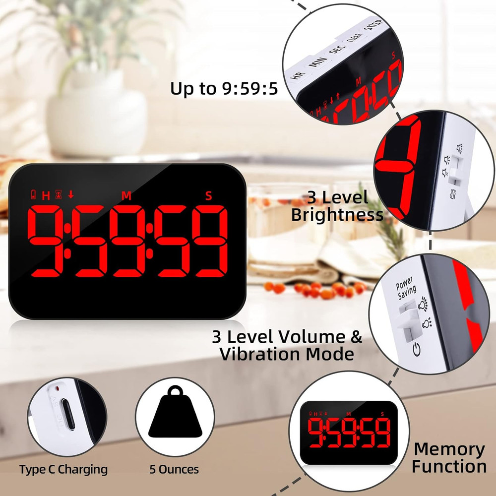 Kitchen Digital Timer, Count Down Up, Rechargeable, Vibration Mode Adjustable Vo