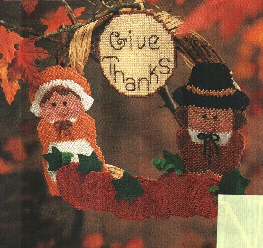 GIVE THANKS PILGRIM THANKSGIVING WREATH PLASTIC CANVAS PATTERN INSTRUCTIONS