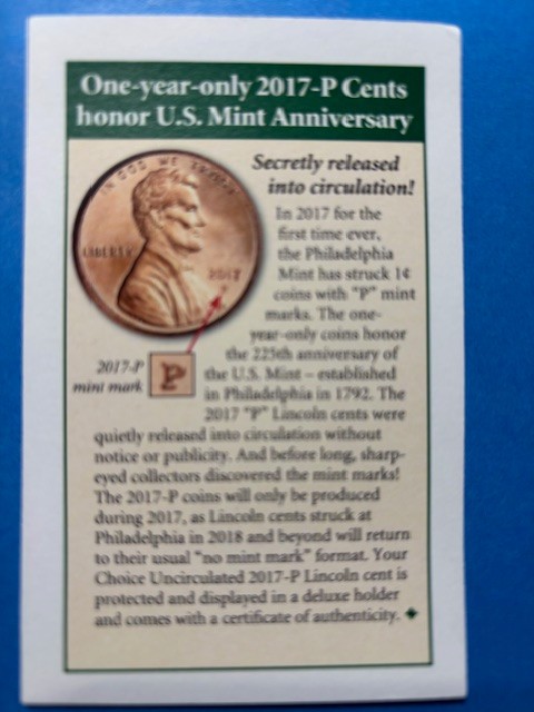 2017-P LINCOLN HEAD CENT in DELUXE HOLDER
