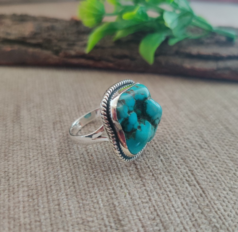 Faceted Turquoise Gemstone Ring 925 Sterling Silver Statement Handmade Ring