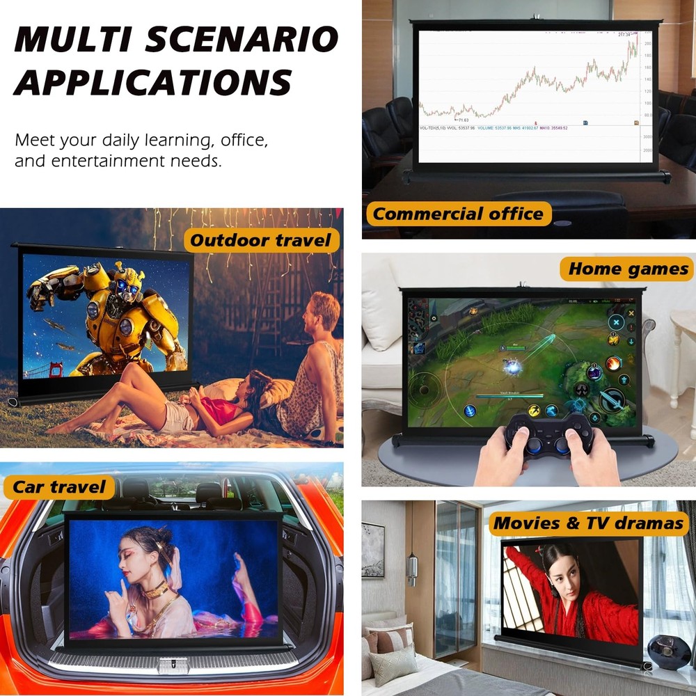 50 Inch Projector Screen Pull Down, 16:9 Projector Screen Retractable Tableto...