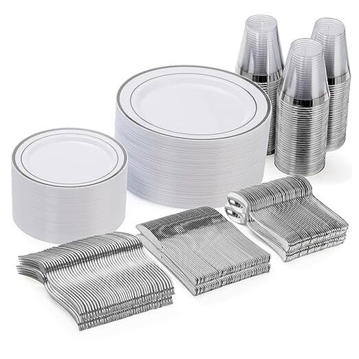300-Piece Disposable Dinnerware Set for - Plastic Plates, 50 Guests Silver
