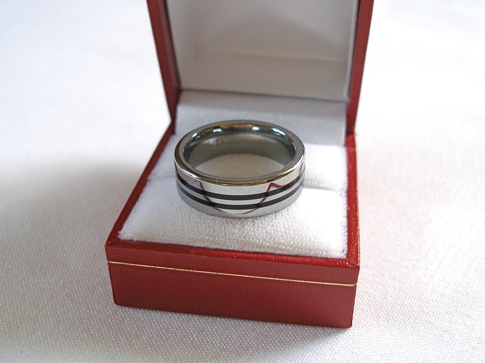MENS- Tungsten Ring with Black Enamel Stripes