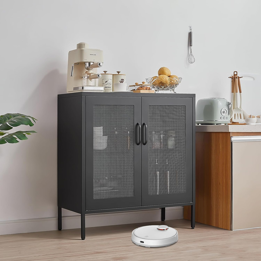 Modern Industrial Buffet Cabinet with Adjustable Shelves - Black Sideboard