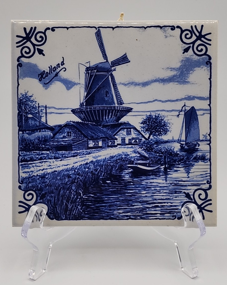 Delft Blauw Windmill on River Tile 6" x 6"