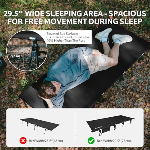 Extra Wide GreenWild Camping Cot, Folding Lightweight Camp Cot Bed, Black