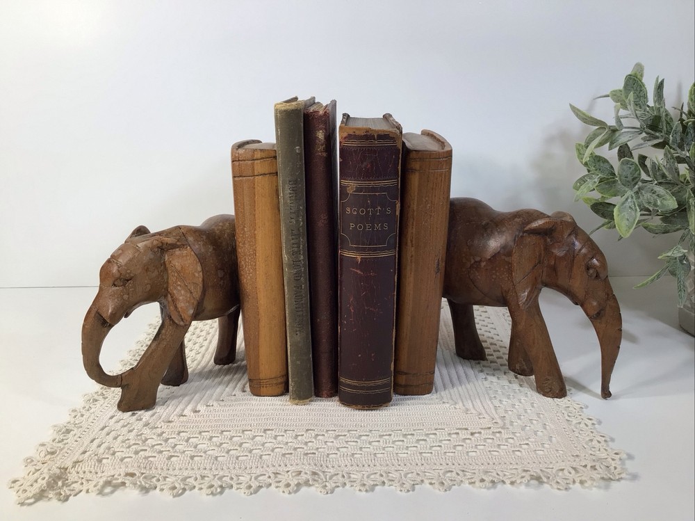 Elephant Bookends~Hand Carved Solid Wood~6” Tall~