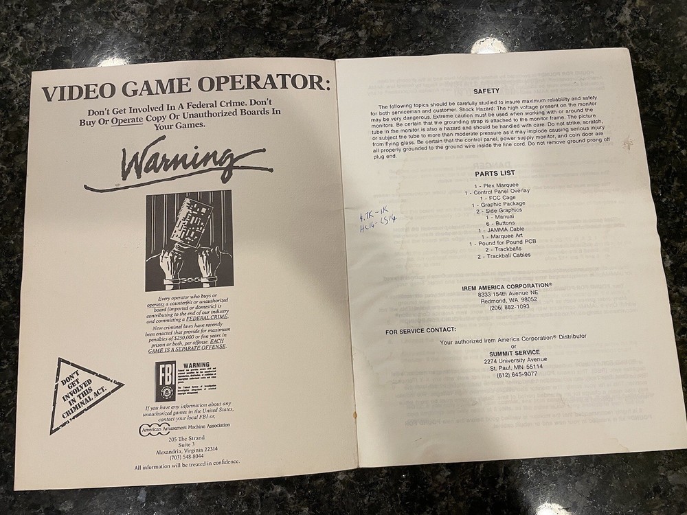 Irem POUND FOR POUND Arcade Video Game Manual