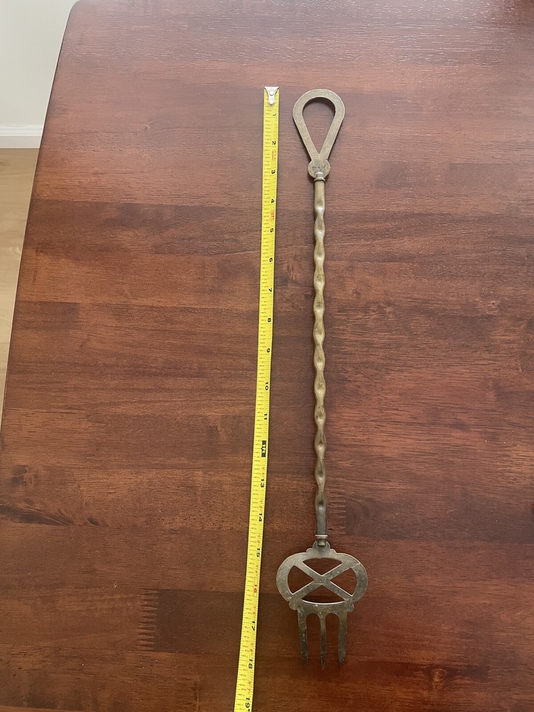 Antique Brass Fireplace Toasting Long Fork 18" Tear Drop Loop Hook Twist X
