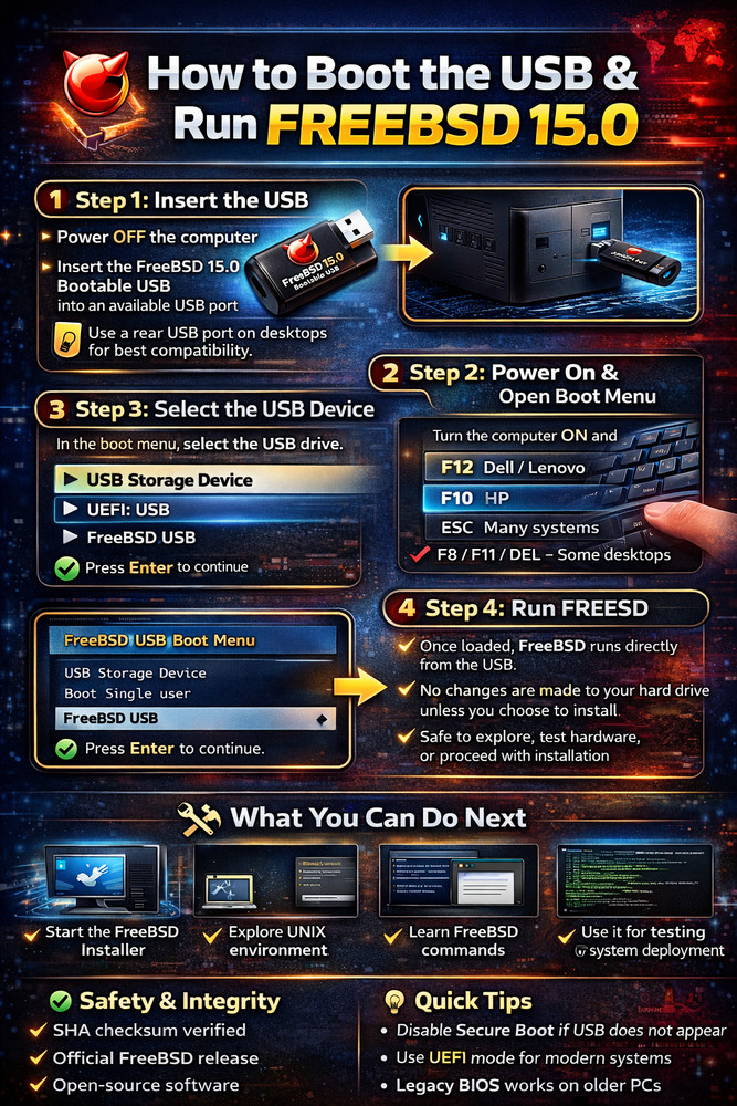 FreeBSD 15.0 Open Source UNIX OS Bootable USB | Live & Installer | UEFI & Legacy