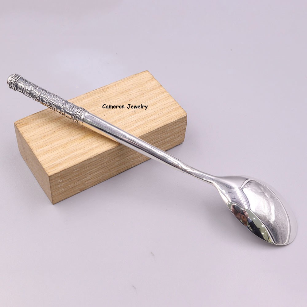 Solid S999 Fine Silver Healthy Tableware Bless Fu Handle Soup Spoon 34-35g 6.2in