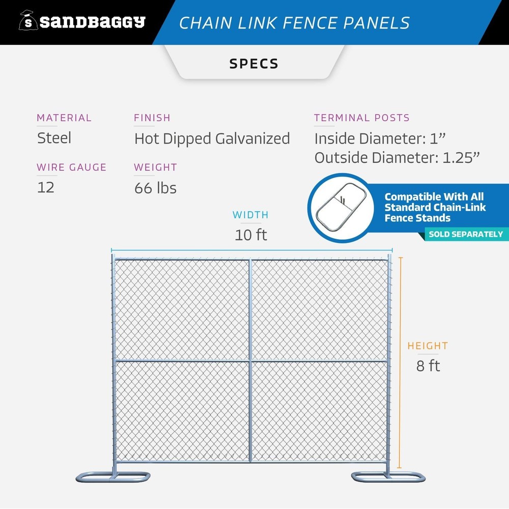 8 ft Temporary Chain Link Fence Panel (Galvanized) - 20 QTY