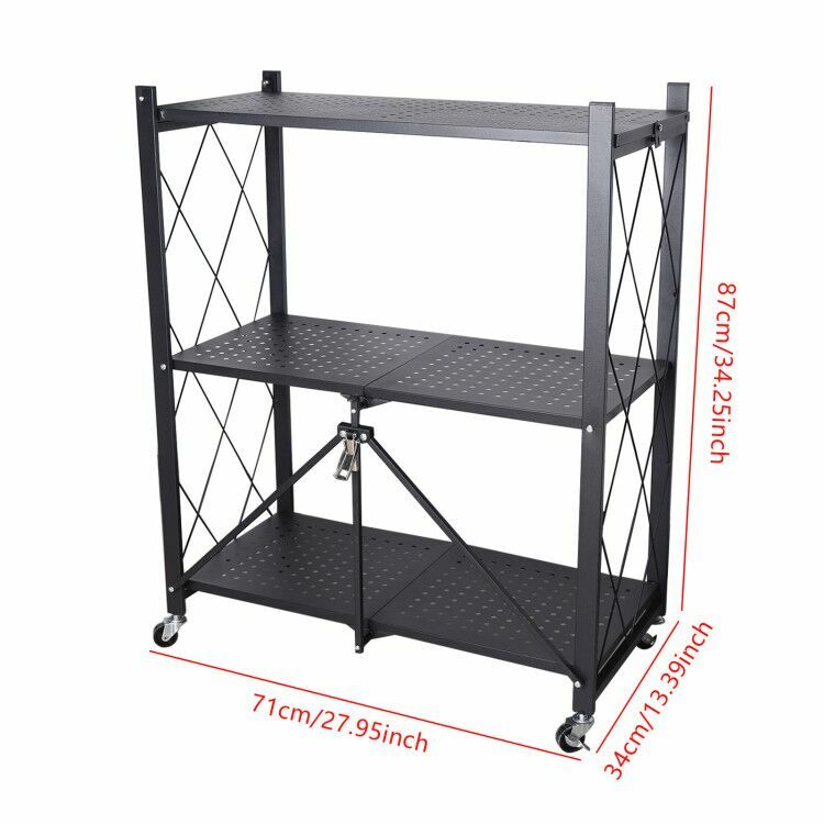Foldable 3-Tiers Metal Storage Rack Shelves Kitchen Storage Organizer Home Stand