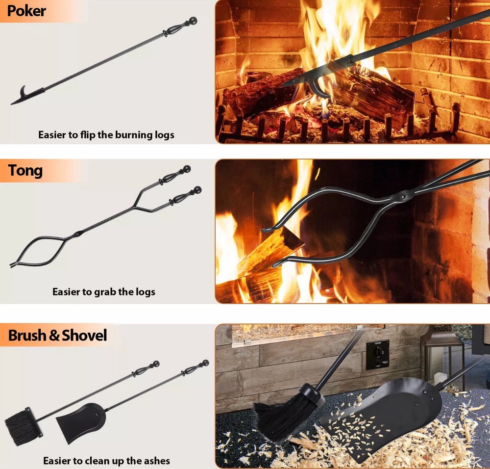 31 in. 5-Piece Fireplace Tool Set Rustic Wrought Iron Firewood Burning Tool