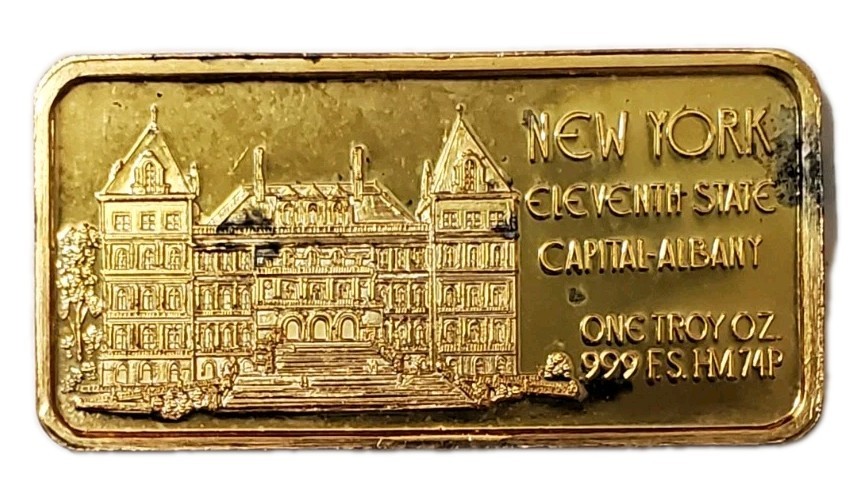 1 Oz Silver 11TH State NEW YORK Gilded Bar.