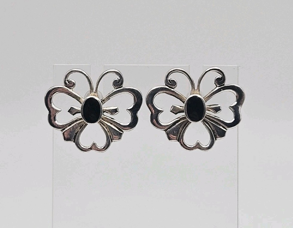 Sterling Silver Vintage Native Onyx Butterfly Post Back Earrings