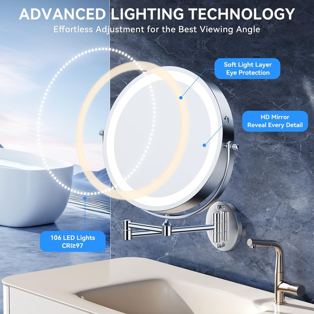9'' 30X/1X Wall Mounted Lighted Makeup Mirror, 5000mAh Rechargeable Double-Si...