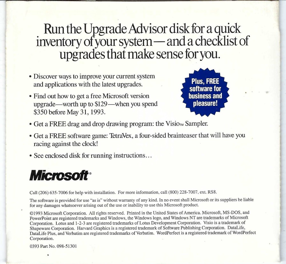 ITHistory (1993) IBM PC Software MICROSOFT UPGRADE ADVISOR 3.5"
