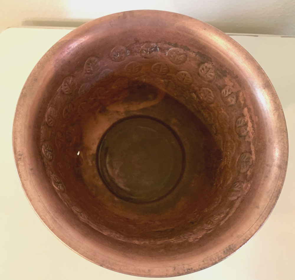 Antique Solid Copper Flower Planter With Stamped Leaf Design 6”