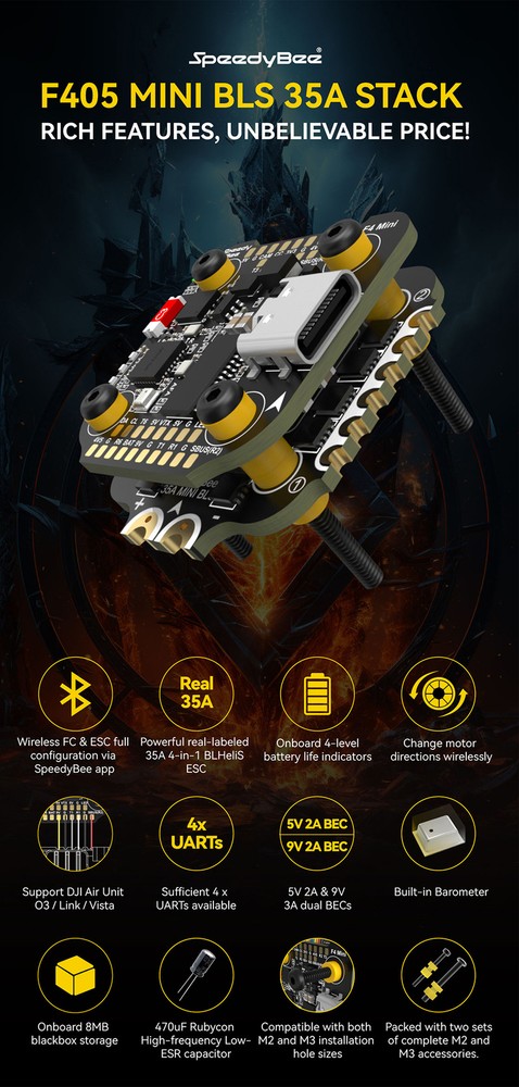 SpeedyBee F405 Mini Stack Flight Controller FC BLS 35A V2 ESC for RC FPV Drone
