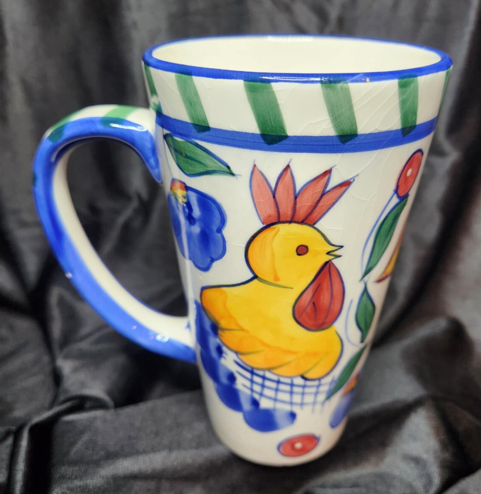 Rooster & Fruit Ceramic Pitcher 2 Quart 7.75" Tall and coffee mug