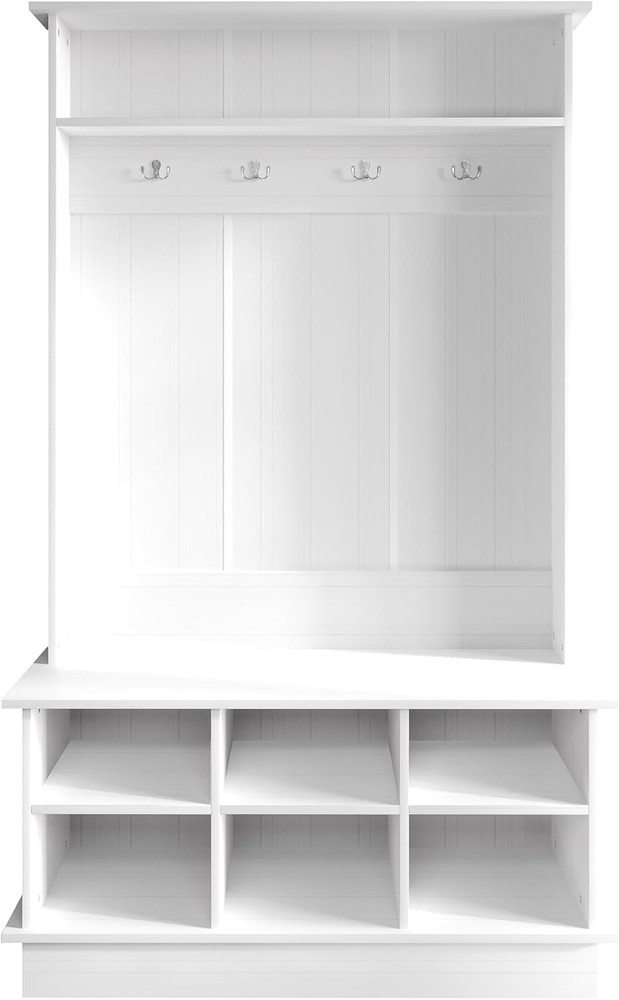 Entryway Hall Tree W/ Bench & 6 Storage Cubbies White
