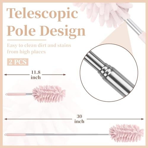 2 PCS Car Interior Duster with Extension Pole, Microfiber Car Duster with Pink