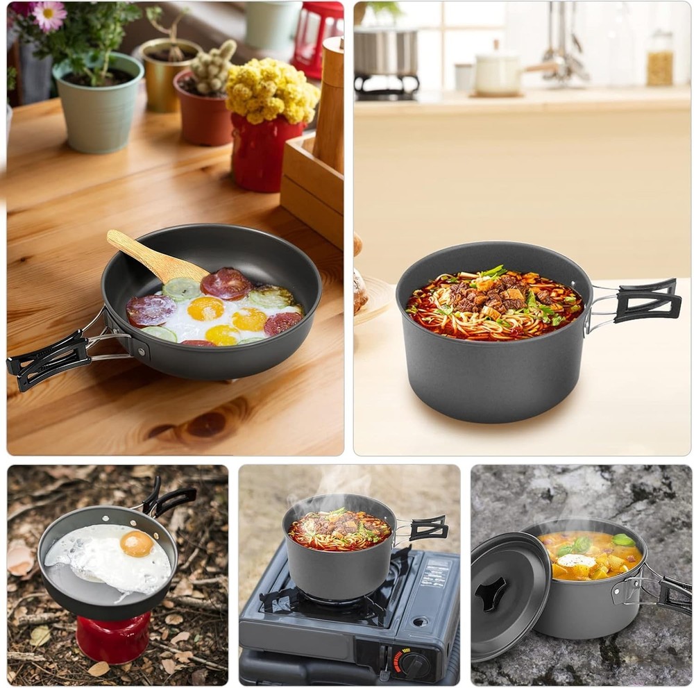 10pcs Camping Cookware Set Non-Stick Lightweight Stackable Pots Pans with Bag