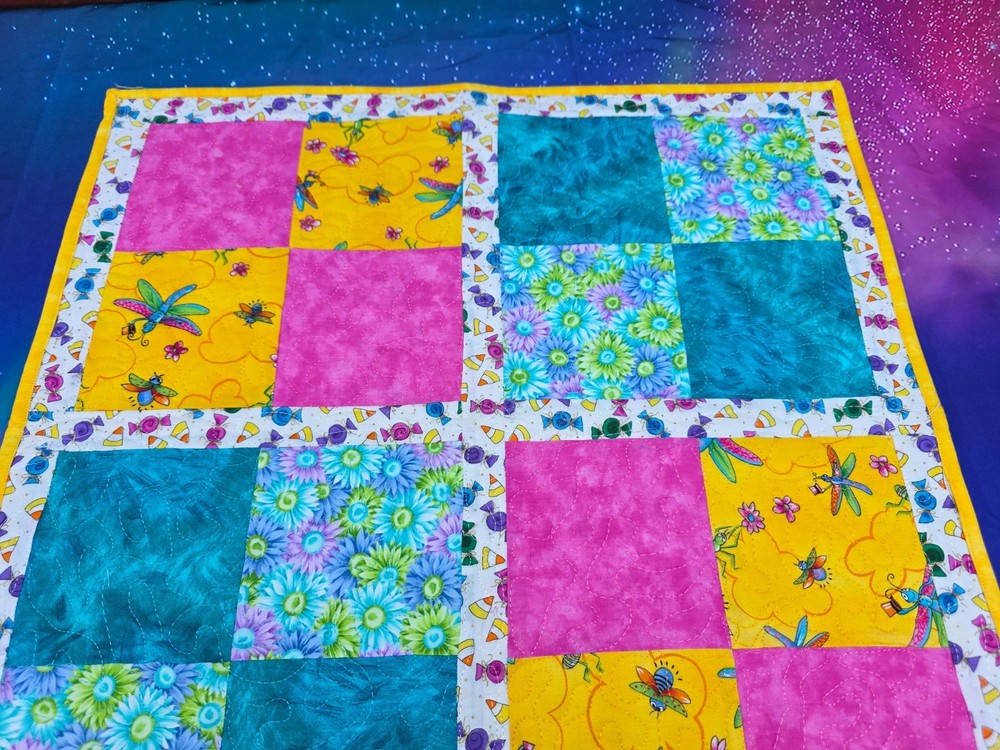 Handmade Quilted Table Square Topper Wall hanging Flowers Floral candy Easter