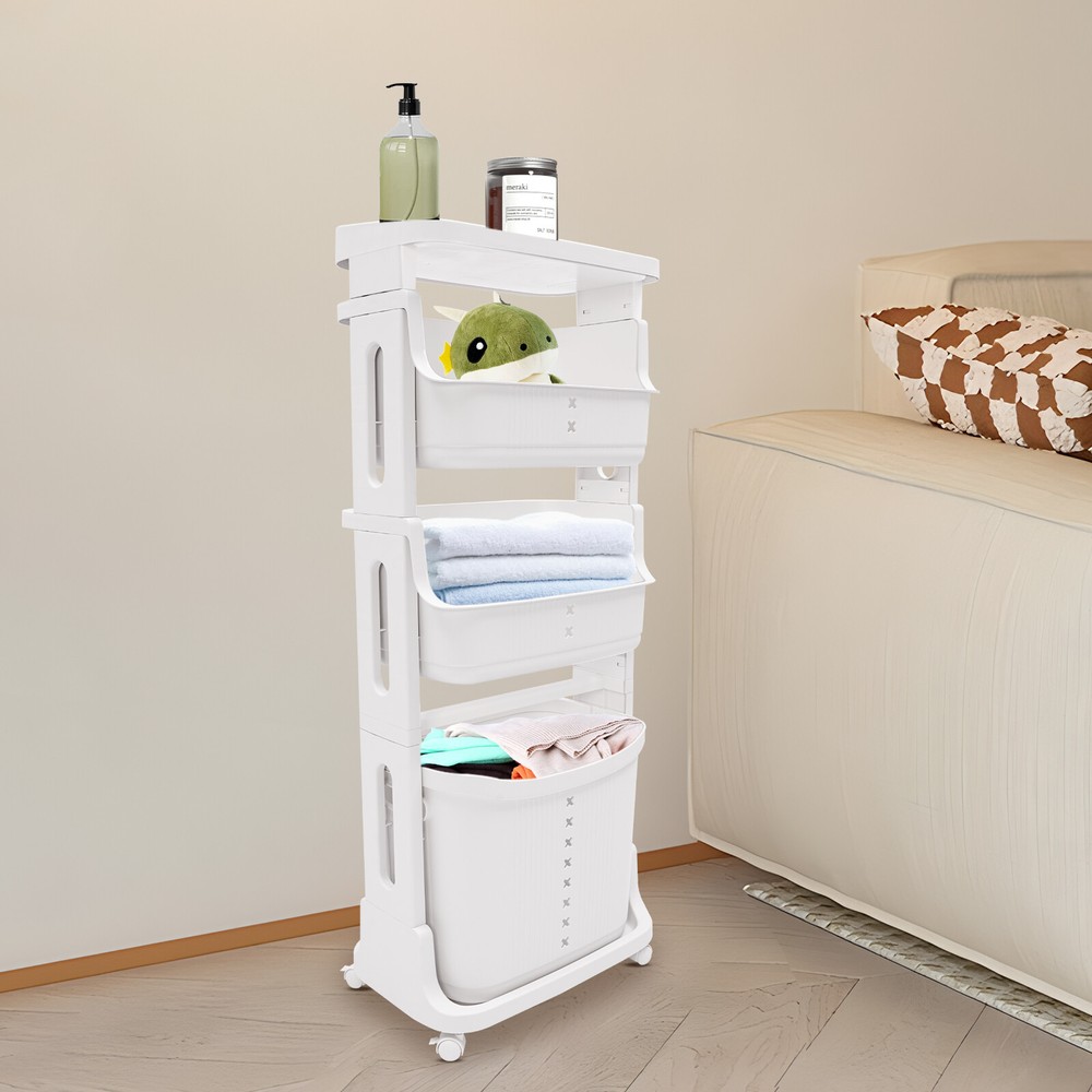 4-Tier Rolling Laundry Storage Cart with Removable Basket & Wheels