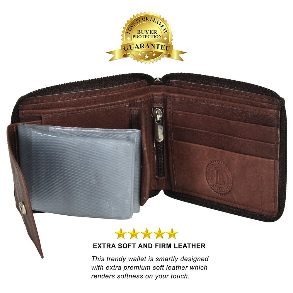 Men's Zipper RFID Blocking Premium Leather Zip-Around ID Bifold Wallet