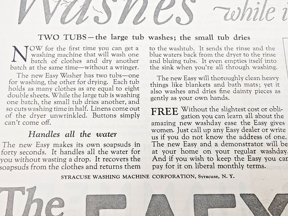 1926 Easy Washer Advert. Saturday Evening Post - This Washer Does Two Things