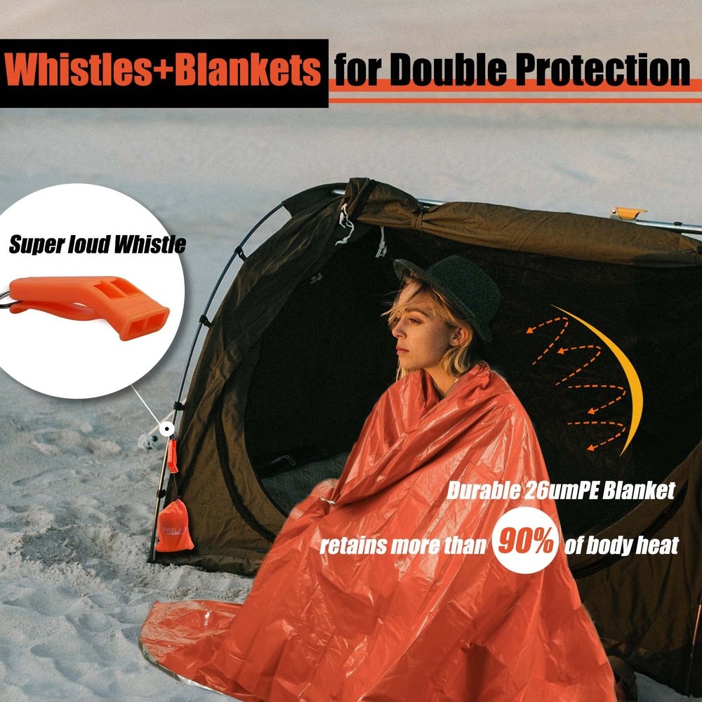 Emergency Blanket 2-Pack, Extra-Thick Large Space Blankets with Whistles & Pouch