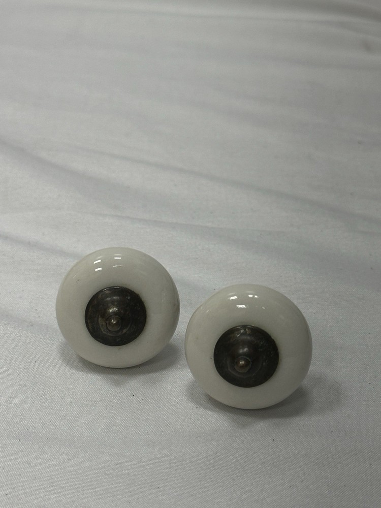 Vintage White Ceramic Drawer Pulls (Set of 2) Antique Brass Hardware Knobs