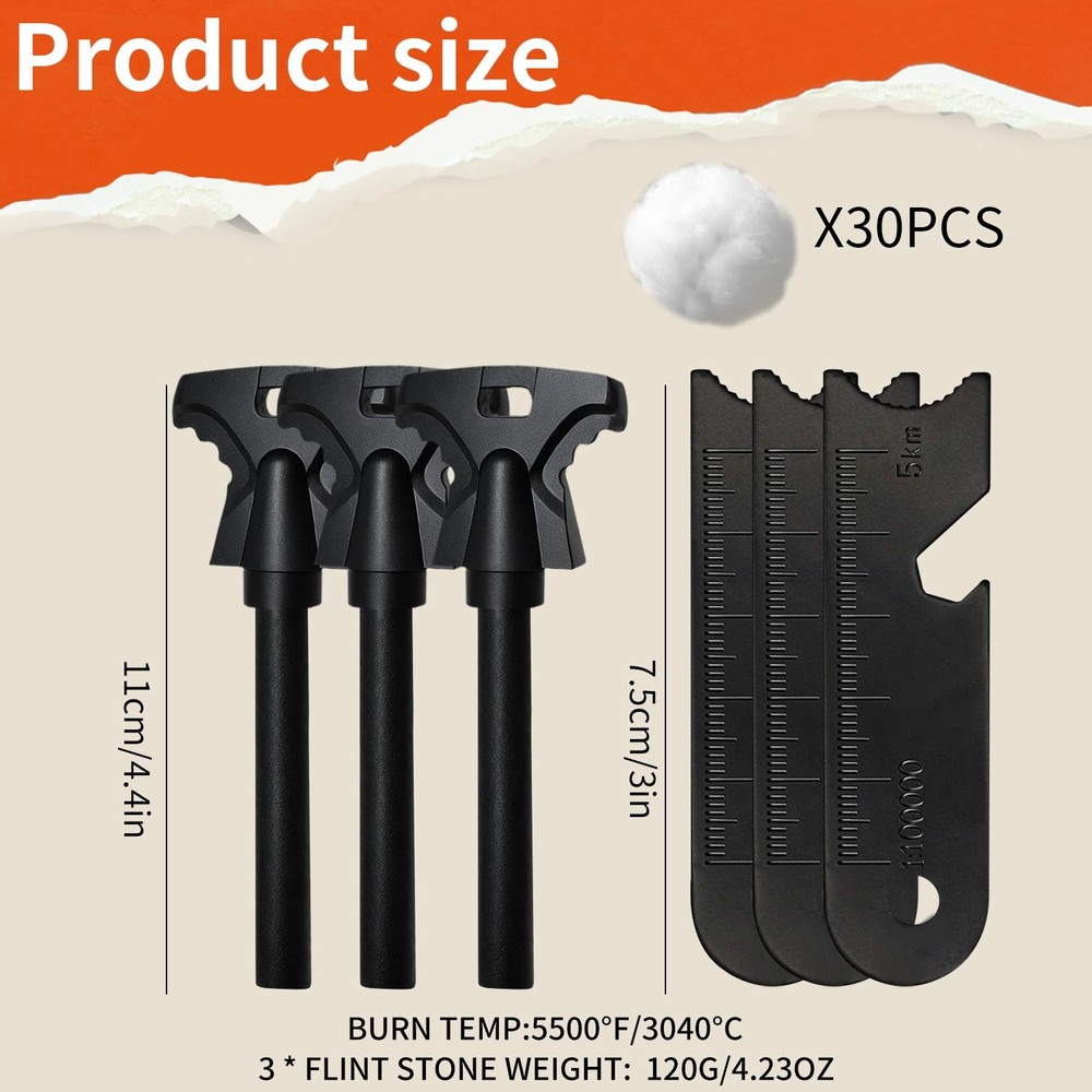 3PCS Magnesium Fire Starter with Striker, High Temp Large, 3 Pack Black