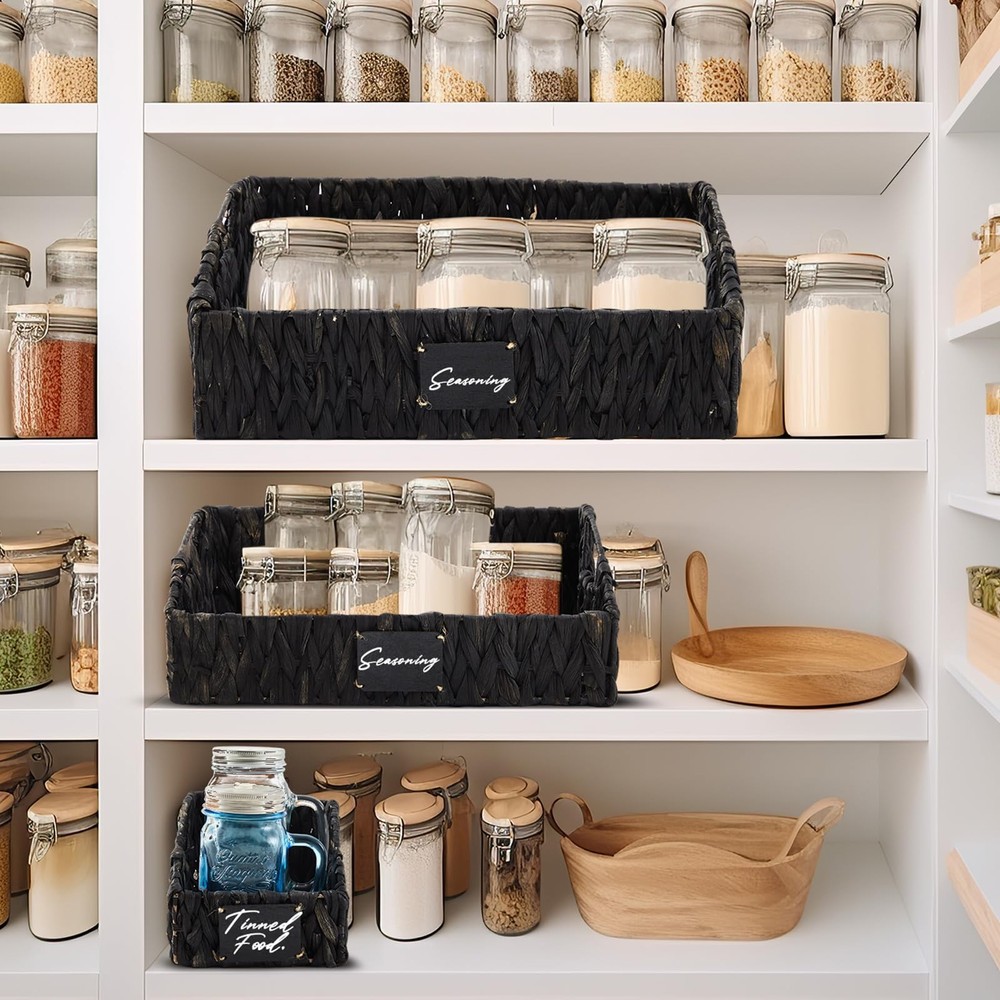 4 PCS Natural Wicker Storage Baskets Stackable Handwoven Bins Black Shelf