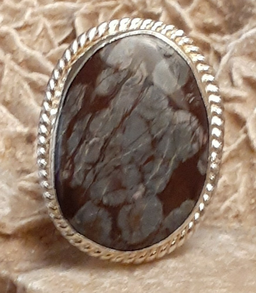 Artisan 925 Silver Brown Gray Agate Oval Ring Size 8.5