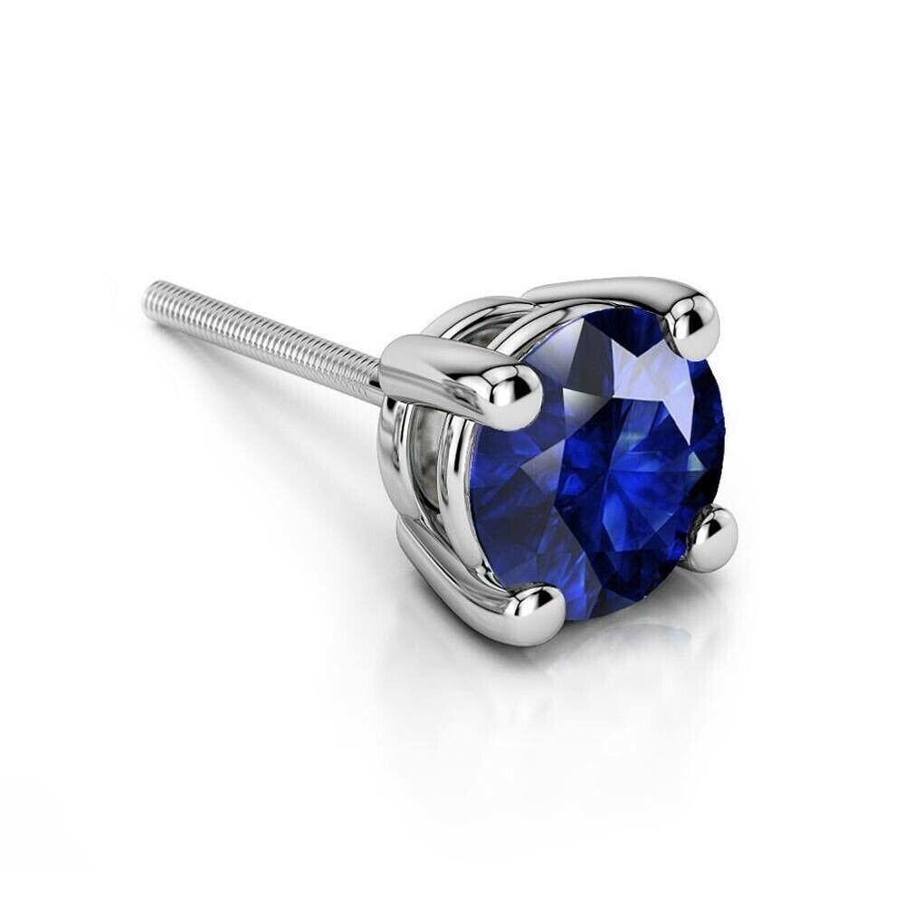 1.00 Ct Round Cut Natural Blue Sapphire Earring 14k Solid White Gold Single Stud
